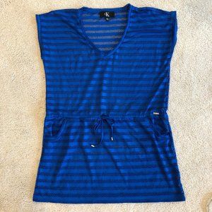 Calvin Klein Blue Striped Mesh Swim Coverup